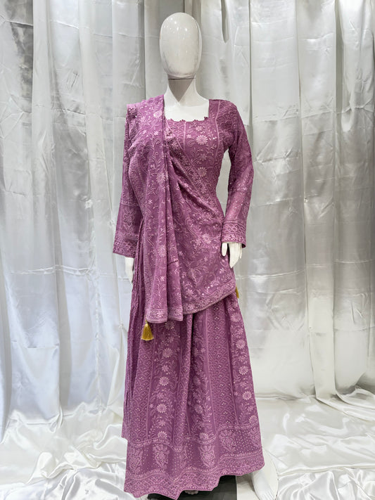 Georgette Kantha Work Gown (Lilac)