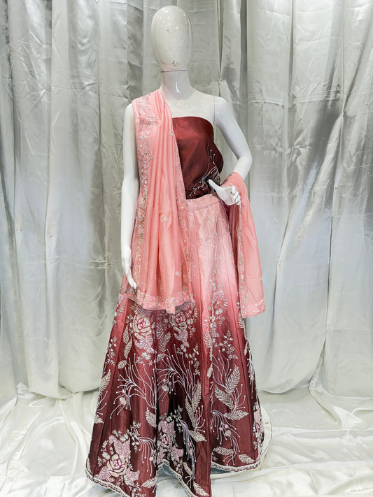 Silk Handwork Party Wear Lehenga (Coke with Peach)