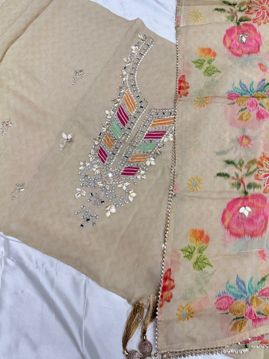 Designer organza silk with Gota Patti & Digital Duppata material (Beige Gold)