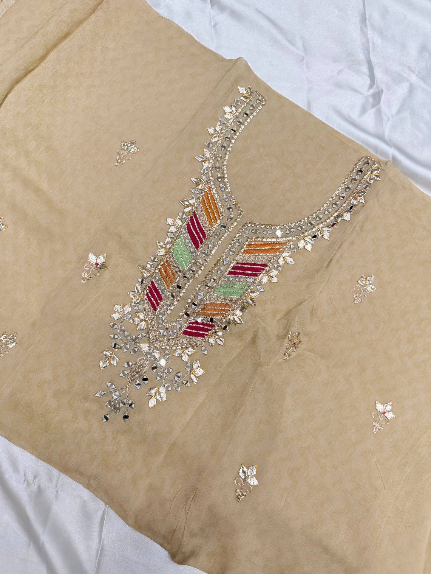 Designer organza silk with Gota Patti & Digital Duppata material (Beige Gold)