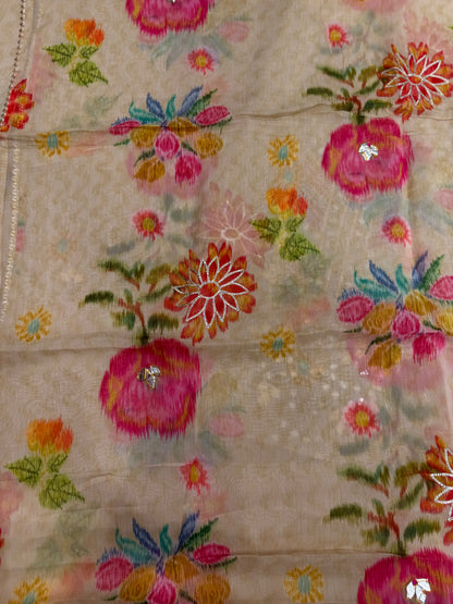 Designer organza silk with Gota Patti & Digital Duppata material (Beige Gold)