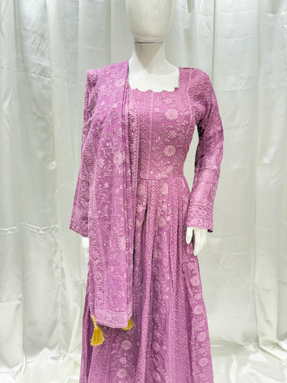 Georgette Kantha Work Gown (Lilac)