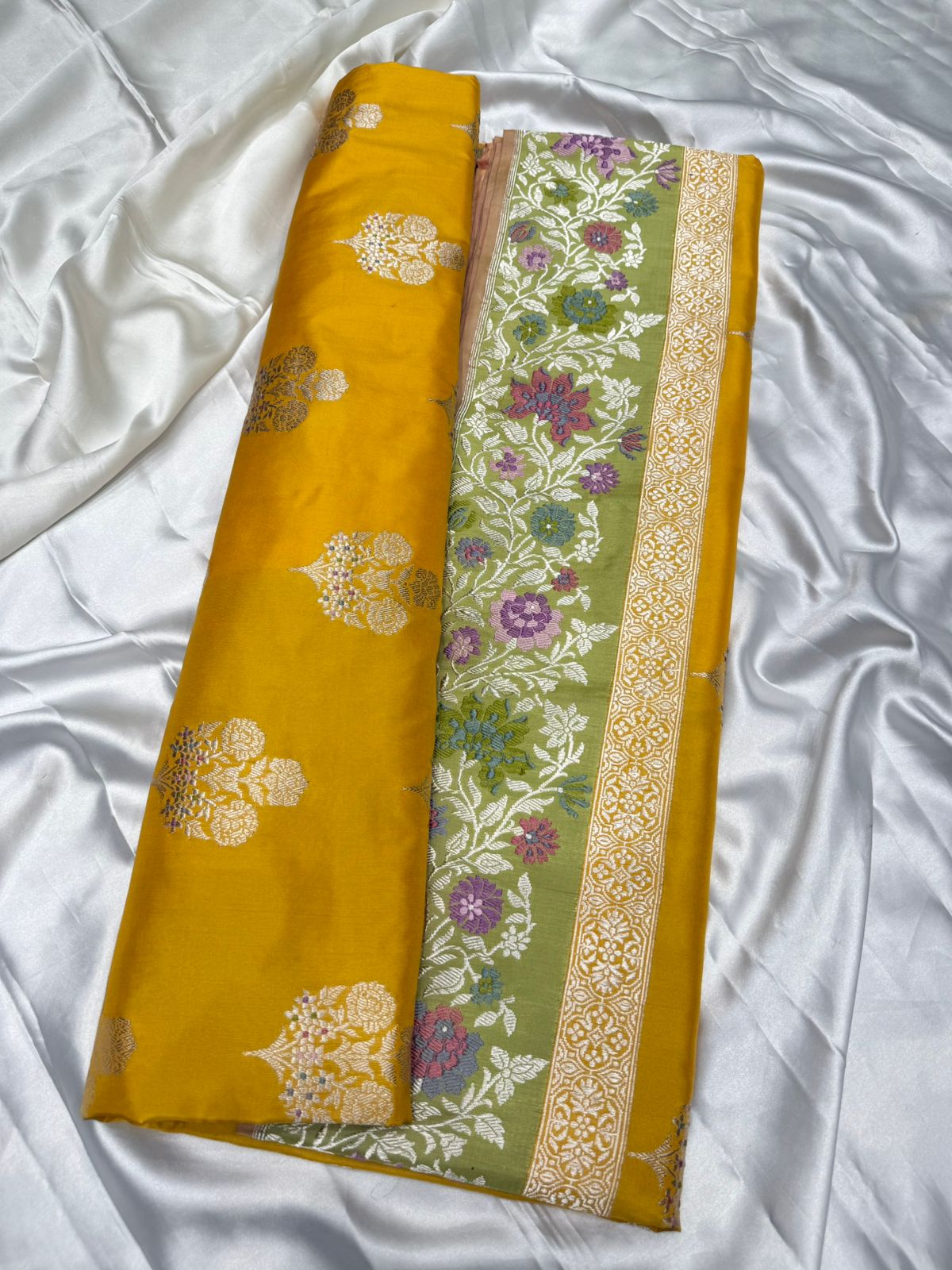 Pure katan silk saree with contrast Mina buti color creative yellow