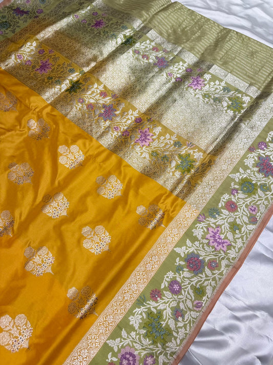 Pure katan silk saree with contrast Mina buti color creative yellow