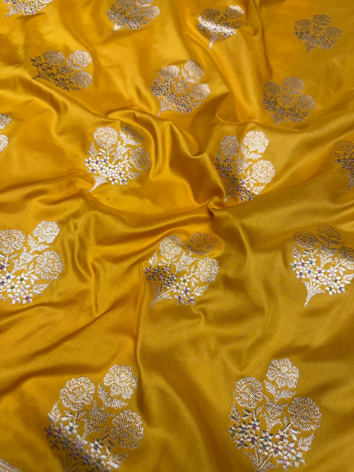 Pure katan silk saree with contrast Mina buti color creative yellow