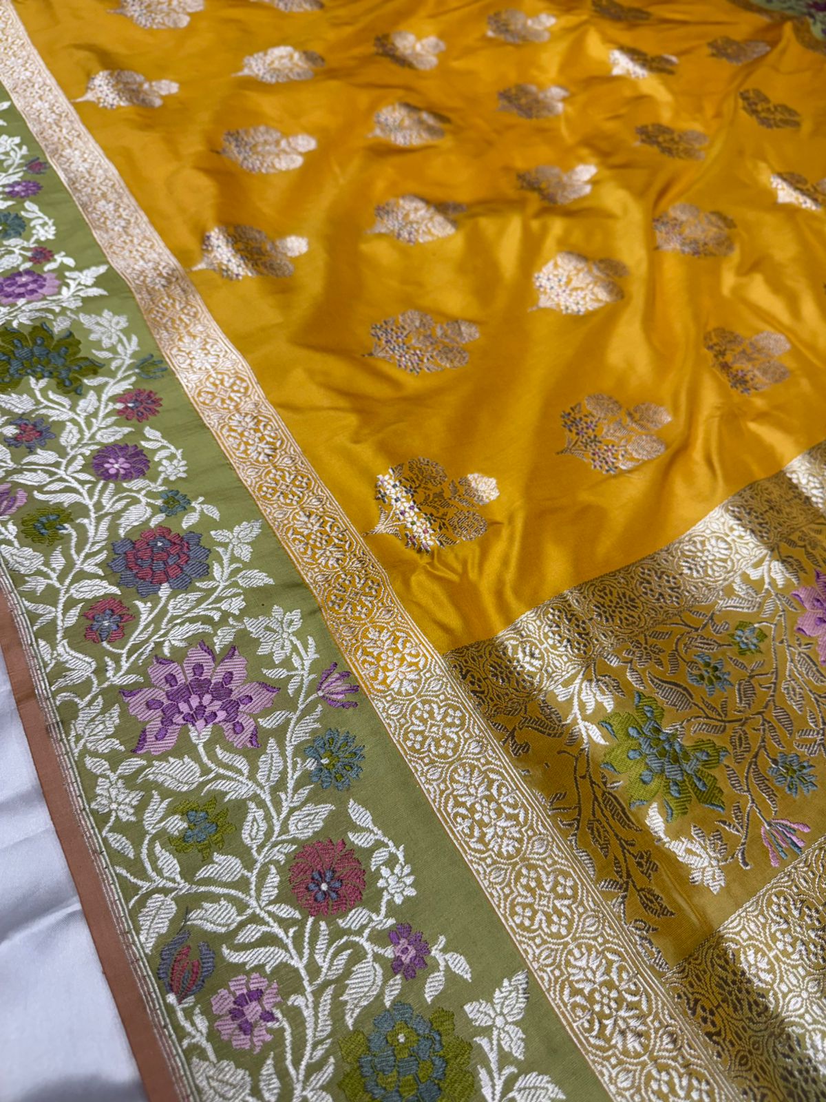 Pure katan silk saree with contrast Mina buti color creative yellow