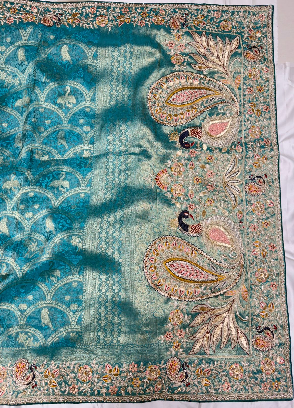 Pure brocade silk handwork saree color moon green