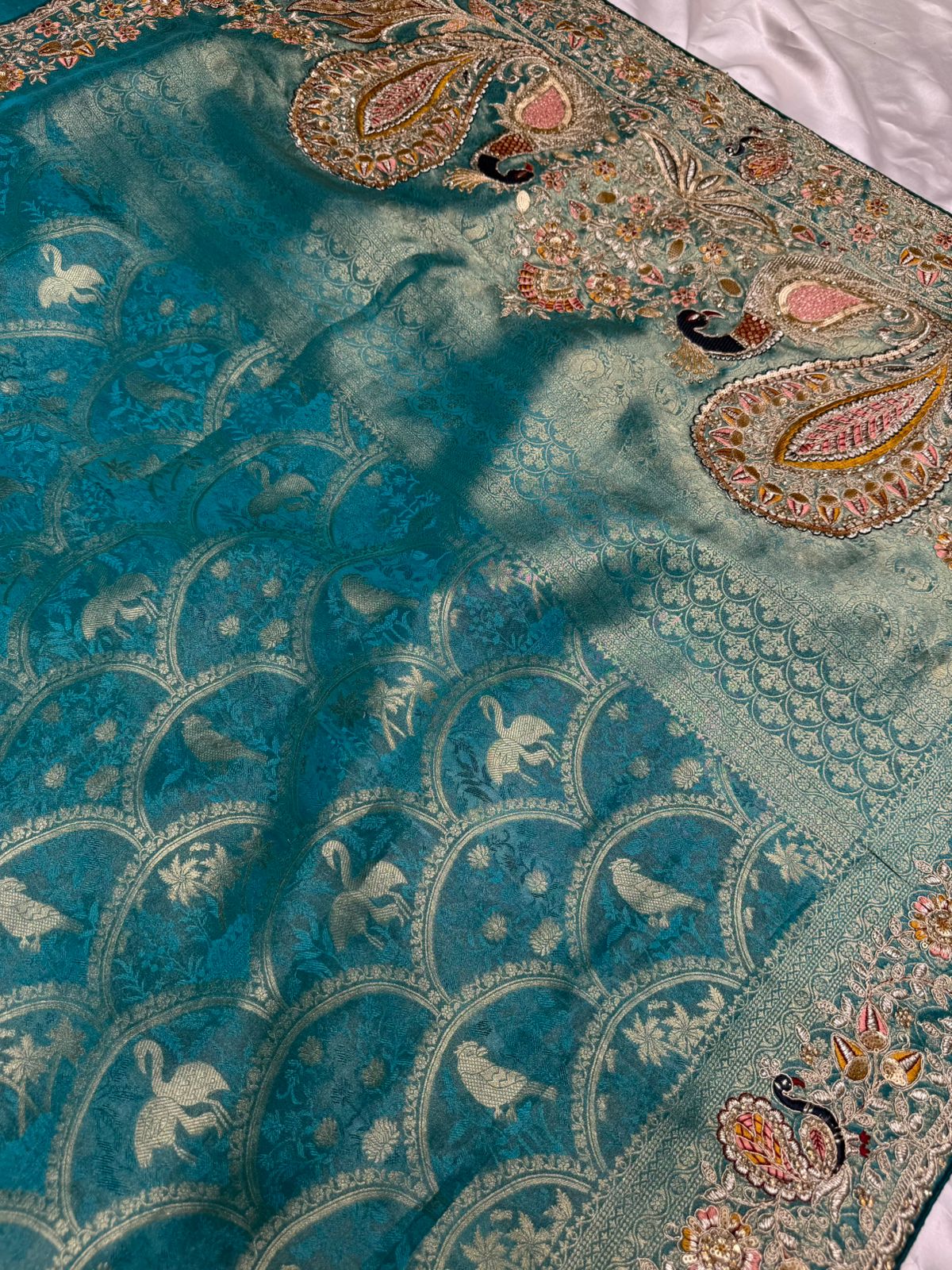 Pure brocade silk handwork saree color moon green