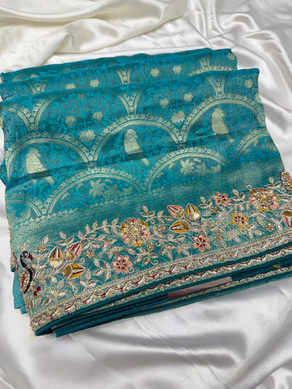 Pure brocade silk handwork saree color moon green