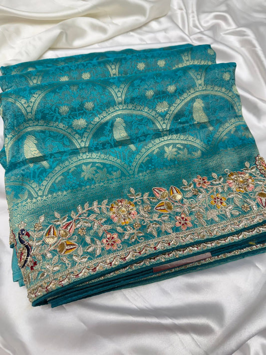 Pure brocade silk handwork saree color moon green