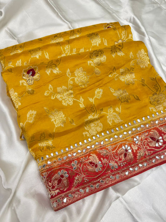 Pure silk dardozi saree with contrast border color yellow red