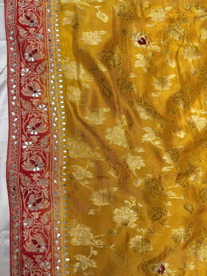 Pure silk dardozi saree with contrast border color yellow red