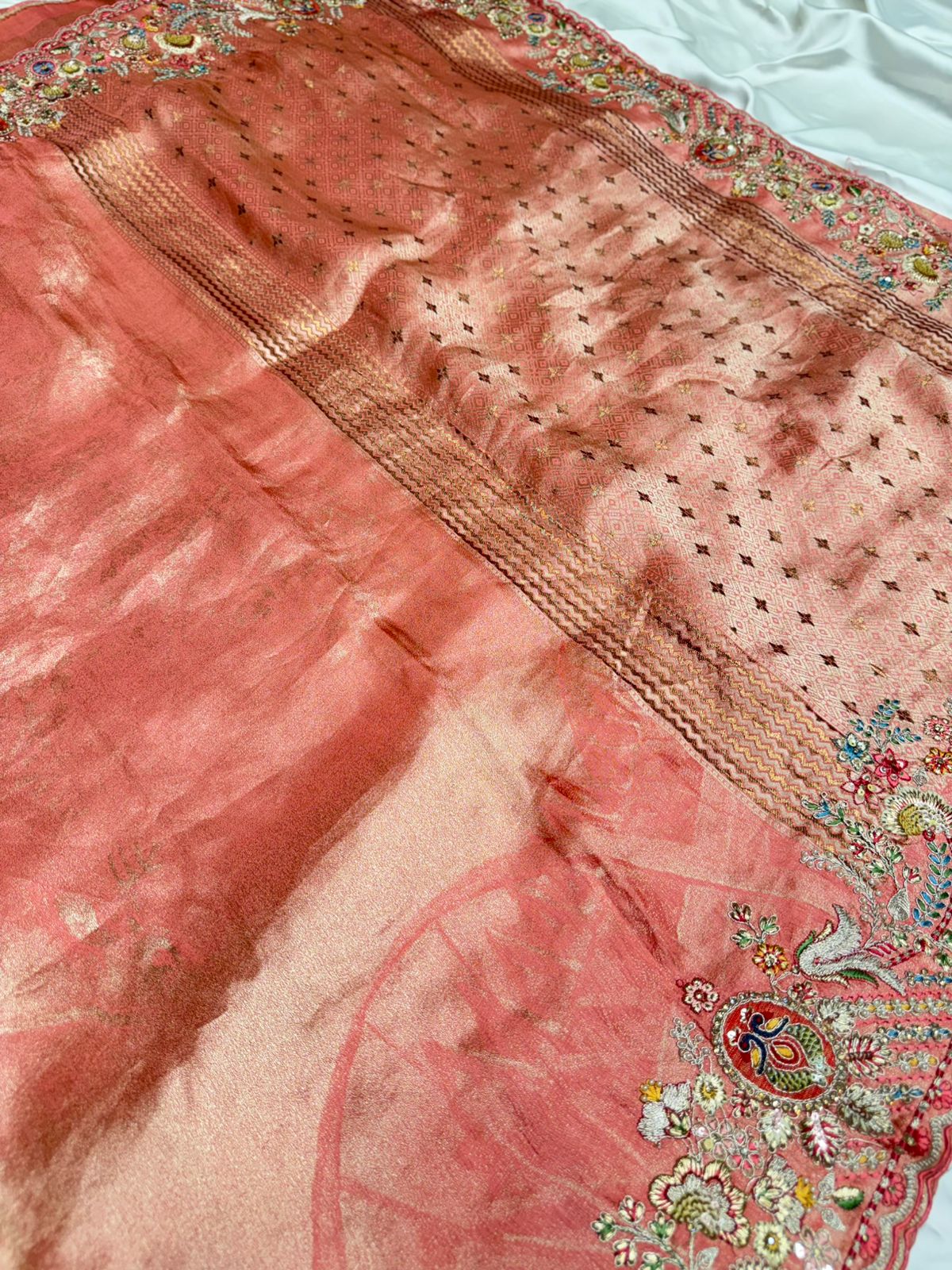 Jamawar Banarasi silk saree with handwork color antique peach