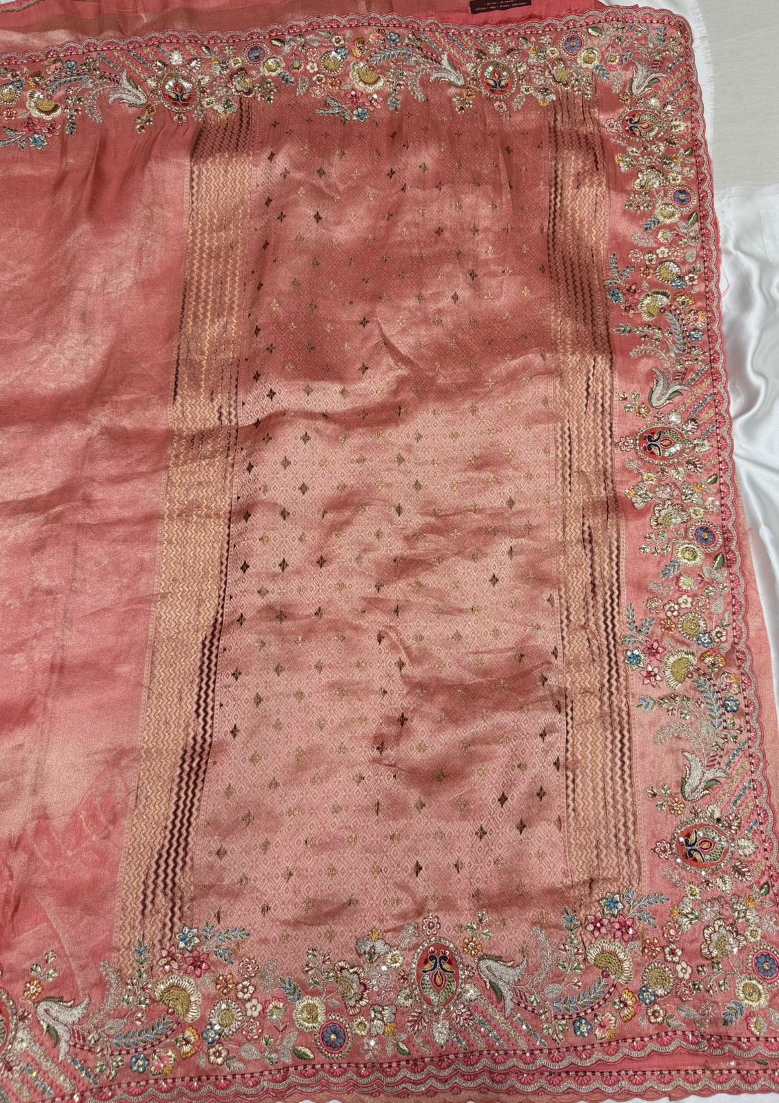 Jamawar Banarasi silk saree with handwork color antique peach