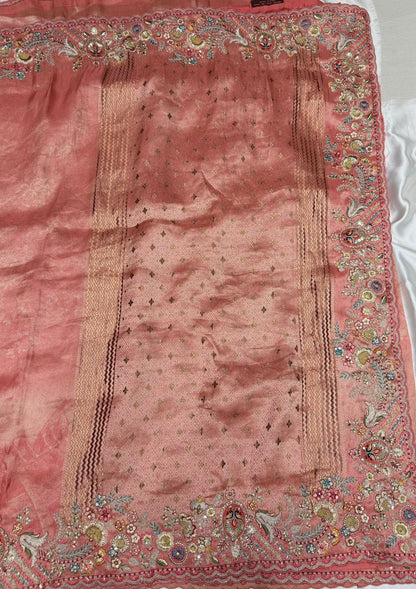 Jamawar Banarasi silk saree with handwork color antique peach