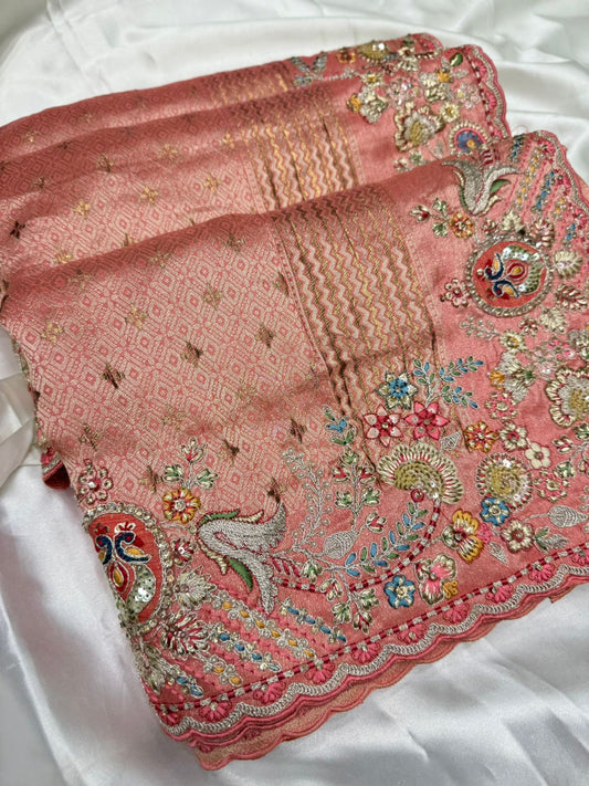 Jamawar Banarasi silk saree with handwork color antique peach