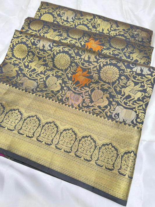 Pure Kalamkari Banarasi silk saree color  Z black