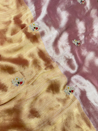 Pure tissue silk half-half embroided saree color peach-gold