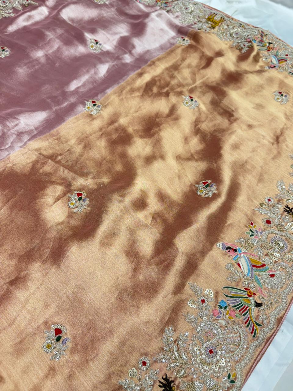 Pure tissue silk half-half embroided saree color peach-gold