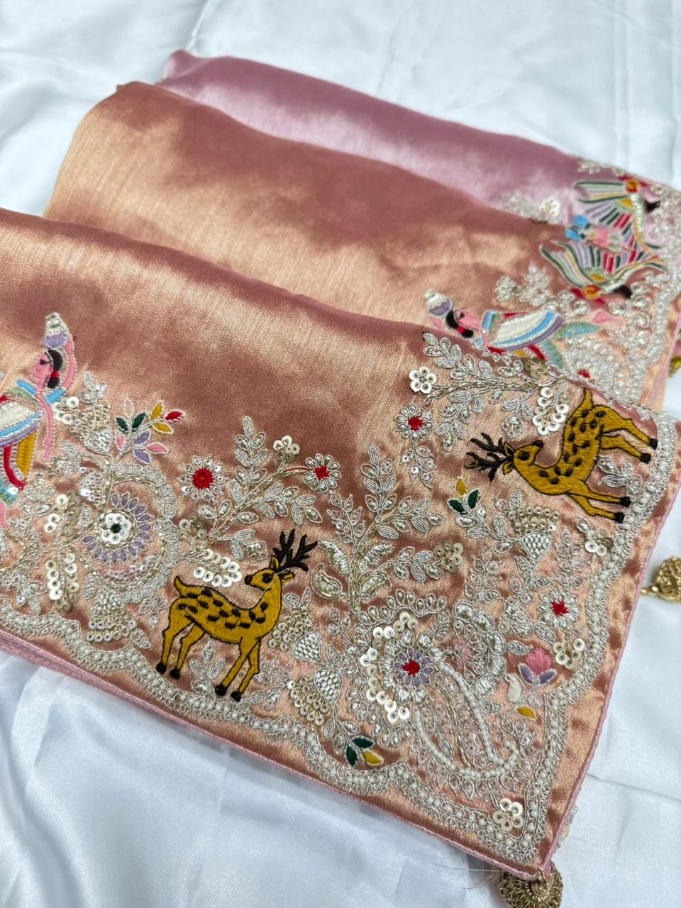 Pure tissue silk half-half embroided saree color peach-gold