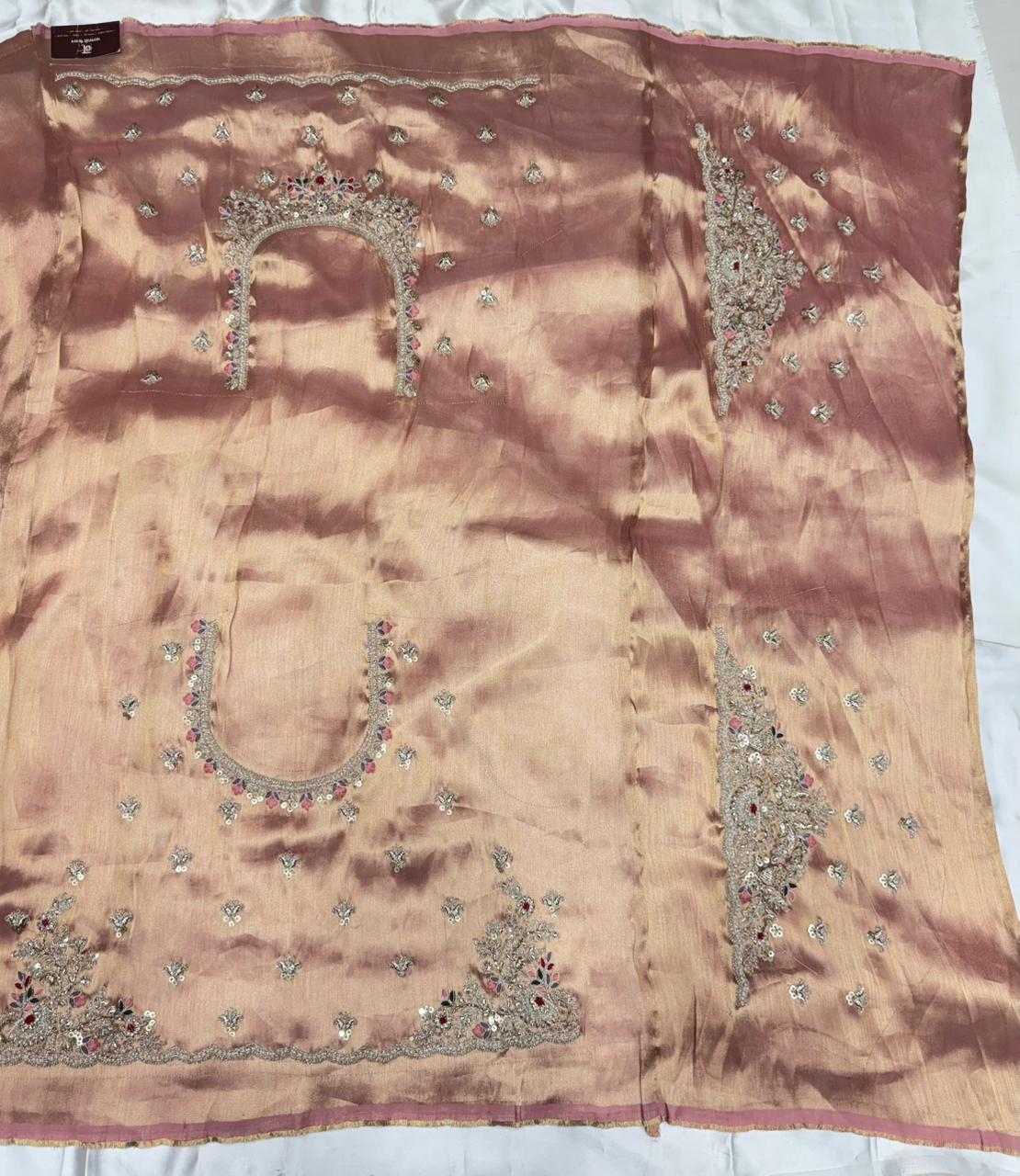 Pure tissue silk half-half embroided saree color peach-gold