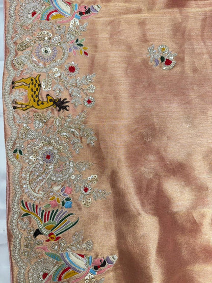 Pure tissue silk half-half embroided saree color peach-gold
