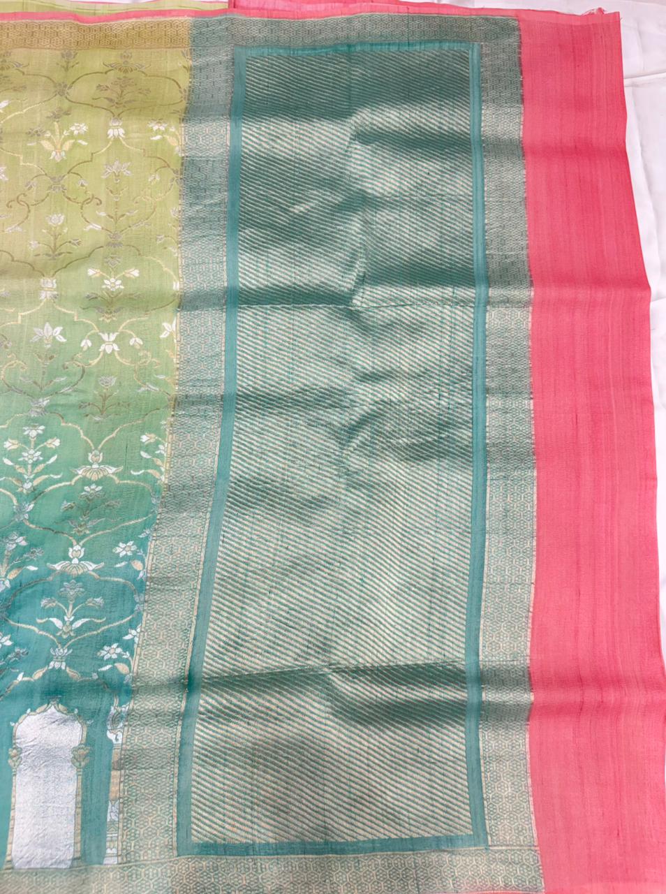 Pure Banarasi khadi digital silk saree color parrot with sea-green
