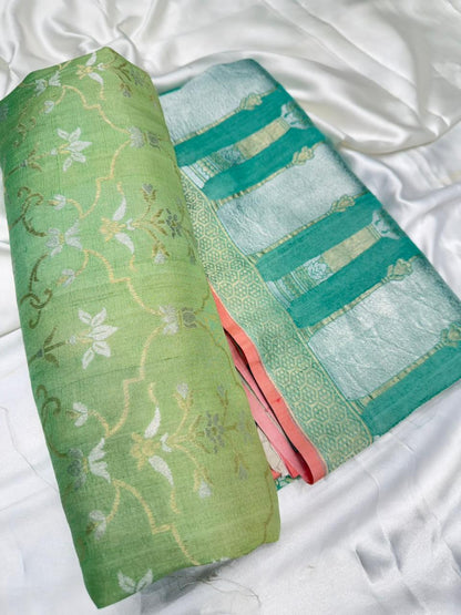 Pure Banarasi khadi digital silk saree color parrot with sea-green