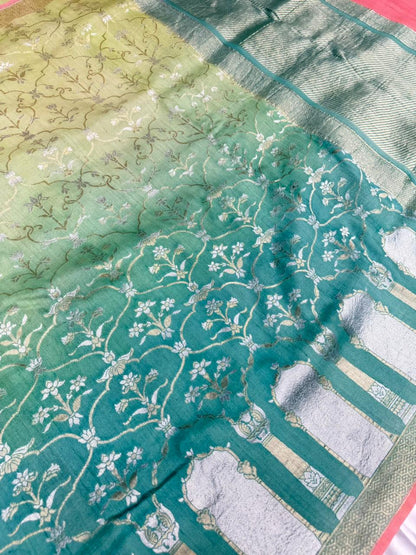 Pure Banarasi khadi digital silk saree color parrot with sea-green