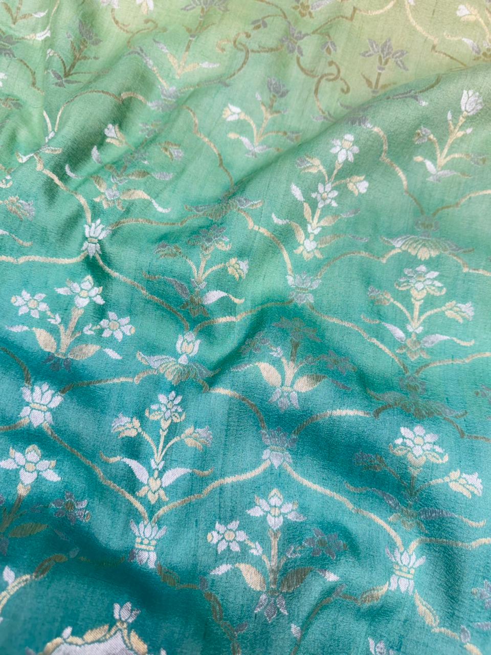 Pure Banarasi khadi digital silk saree color parrot with sea-green