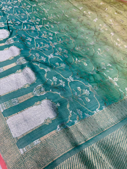 Pure Banarasi khadi digital silk saree color parrot with sea-green