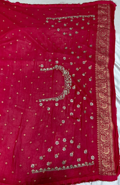 Pure georgette Banarasi silk saree color Rani