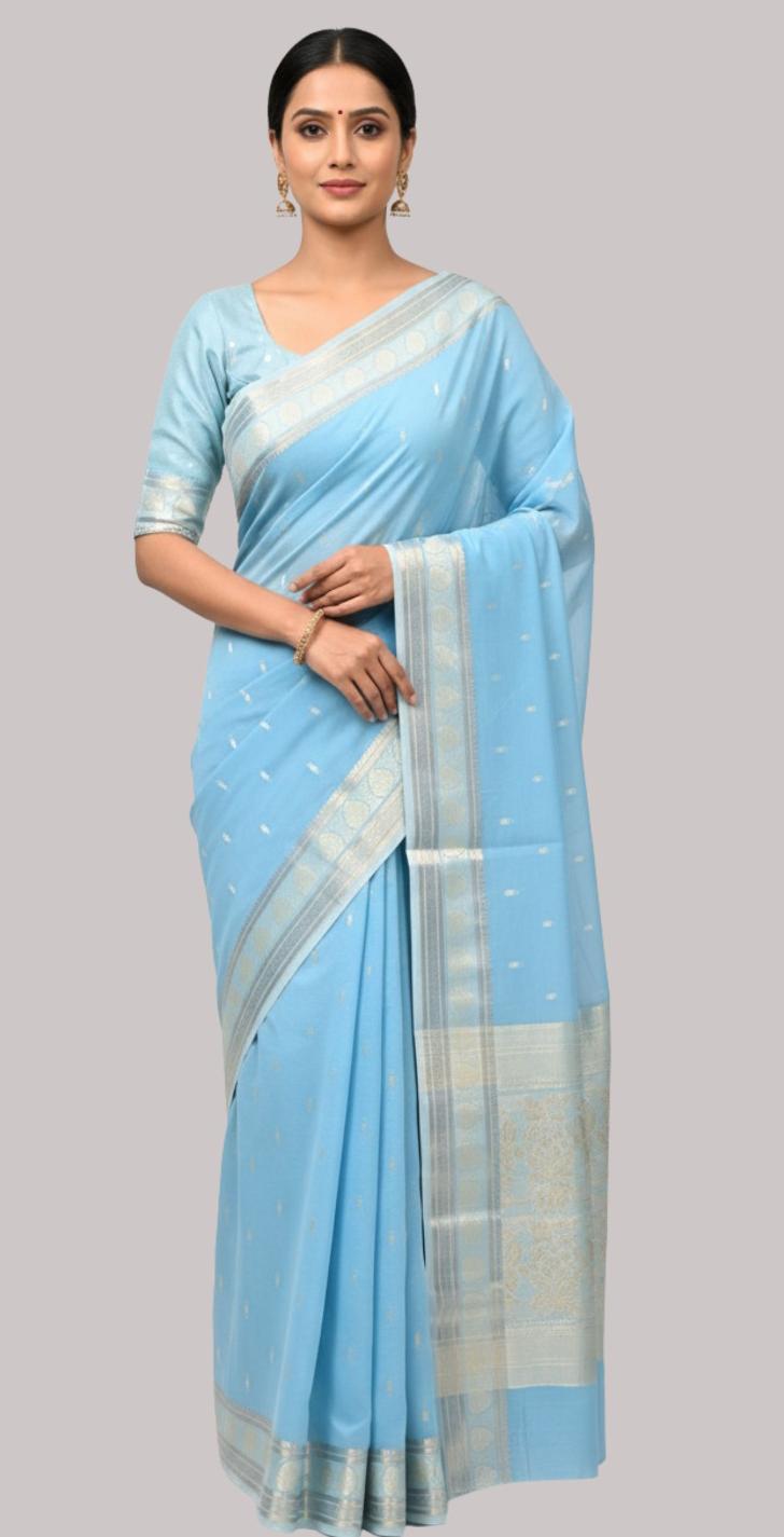 Banarasi Fancy Cotton Saree (Water Blue Color)