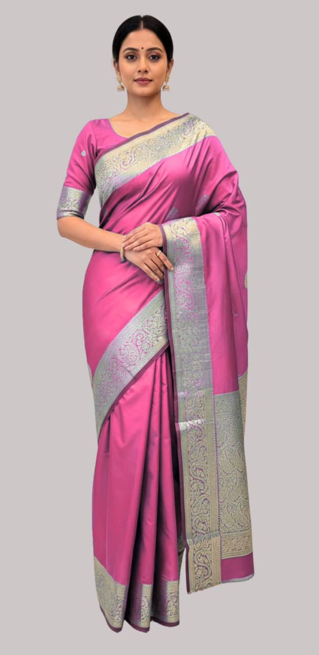 Banarasi moon plain border silk saree  pink color