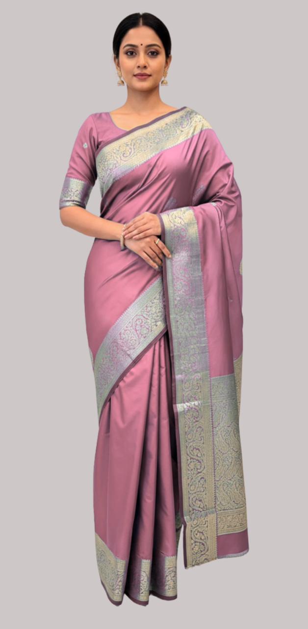 Banarasi moon plain border silk saree  ( Onion Color )