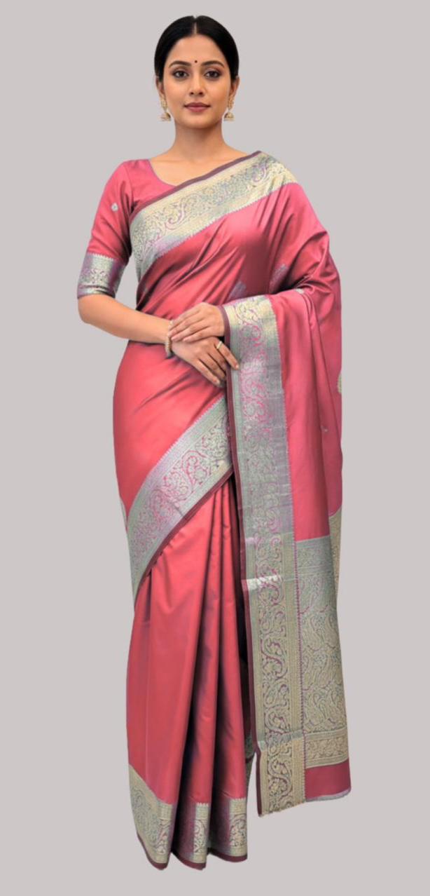 Banarasi moon plain border silk saree (  Onian color )