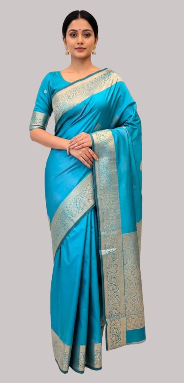 Banarasi moon plain border silk saree sky blue