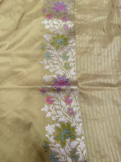 Pure katan silk saree with contrast Mina buti color creative yellow