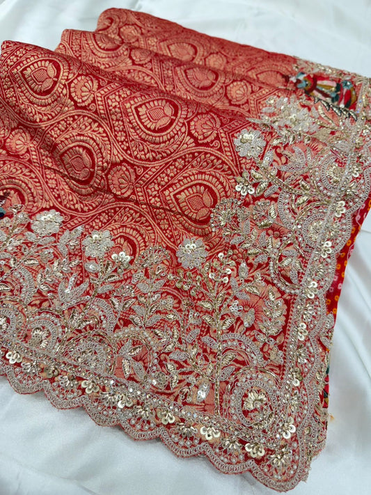 Georgette Banarasi wedding silk saree color hot red