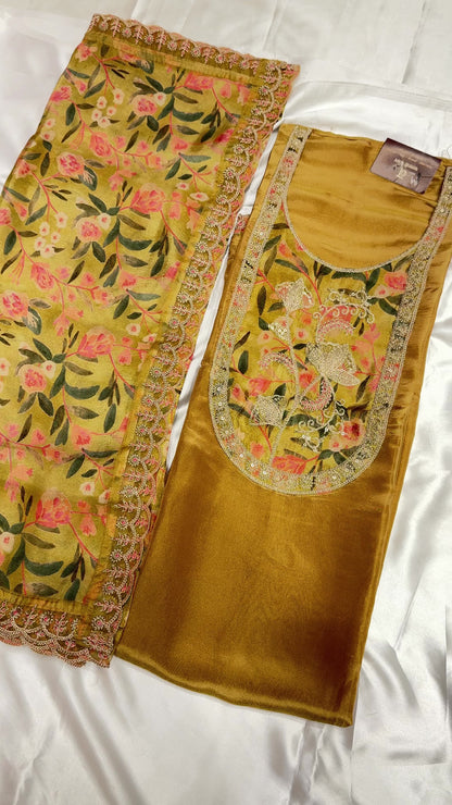 Designer Crape Dress Material (Mustard)