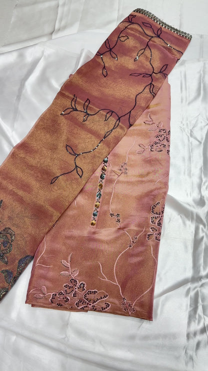 Designer chiniya silk with tissue duppata dress material (Almond)