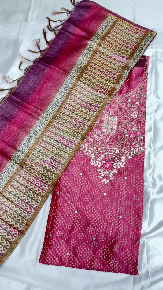 Designer Silk  Dress Material with Gota Patti Work  (Onion )